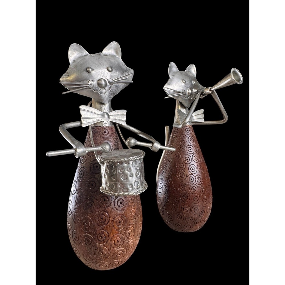 Pier 1 Imports Wood & Metal Horn & Drum Playing Jazz Cats 10.5" Statue Set Of 2